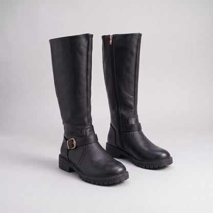 Classic Buckle Knee High Boots - Black