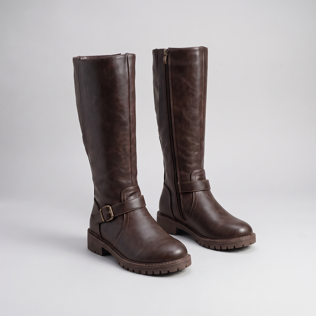 Classic Buckle Knee High Boots - Dark Brown