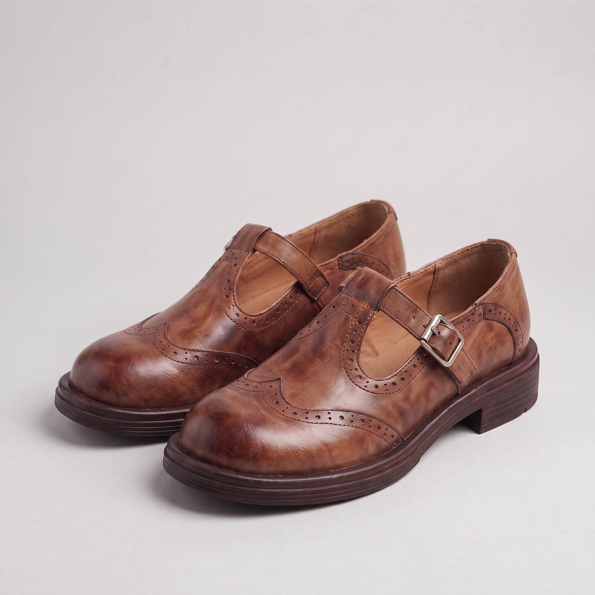 Classic Leather-Look Buckle Loafers - Brown