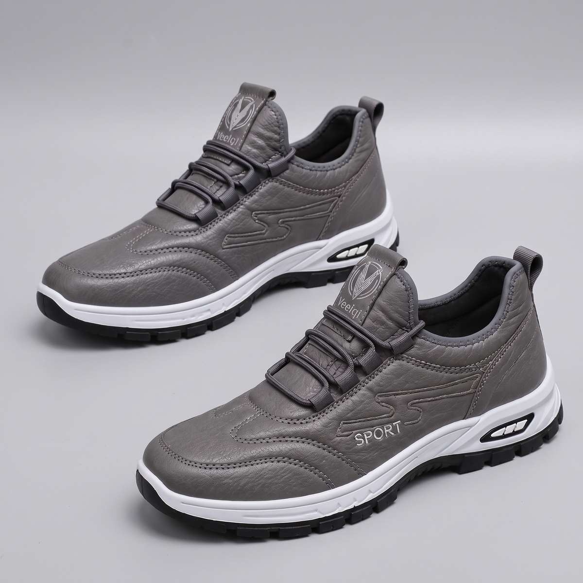 Classic Leather-Look Support Shoes - Grey