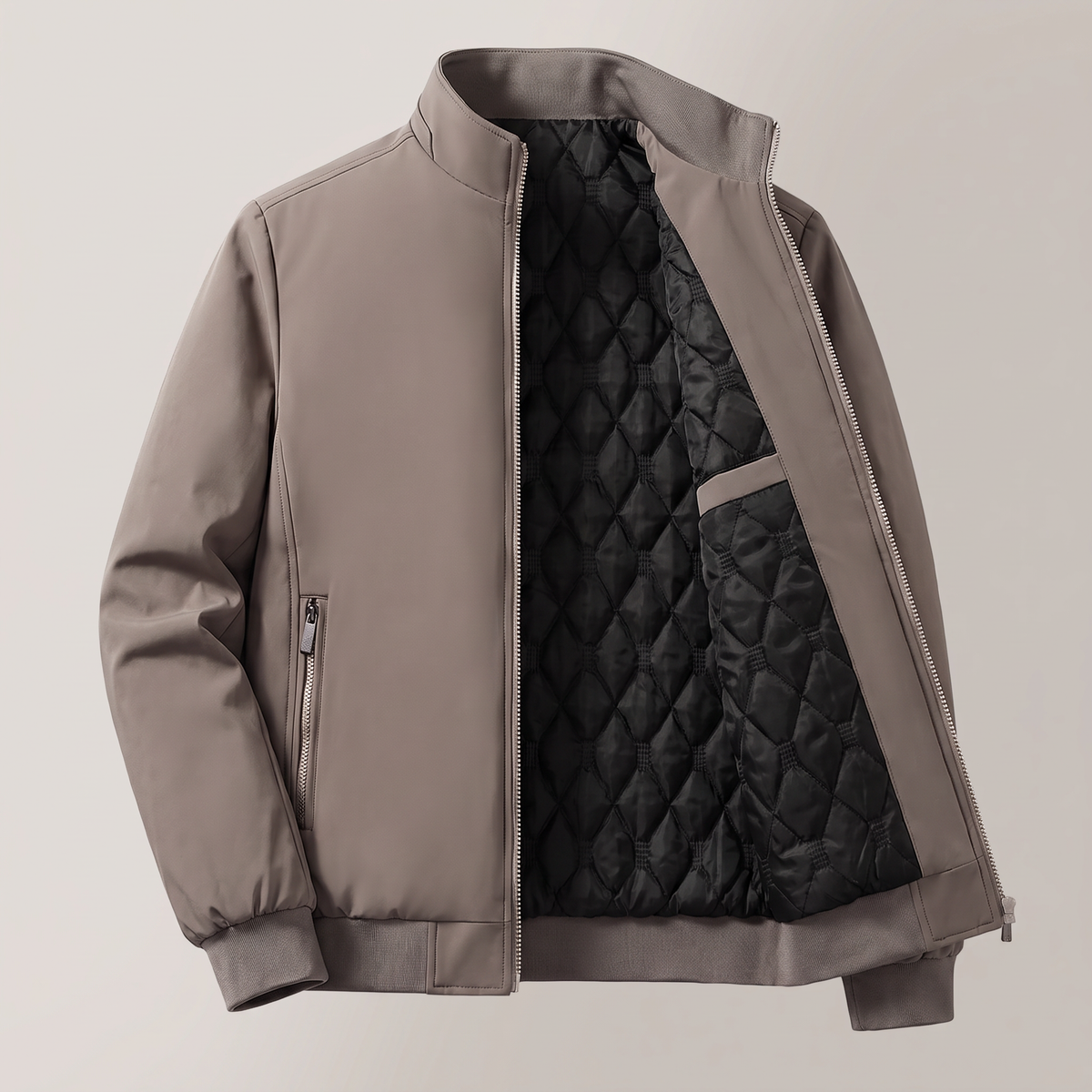 Classic Quilted Bomber Jacket - Khaki Cotton Lined