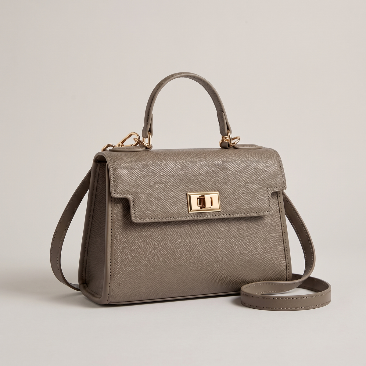 Classic Structured Leather-Look Handbag - Khaki