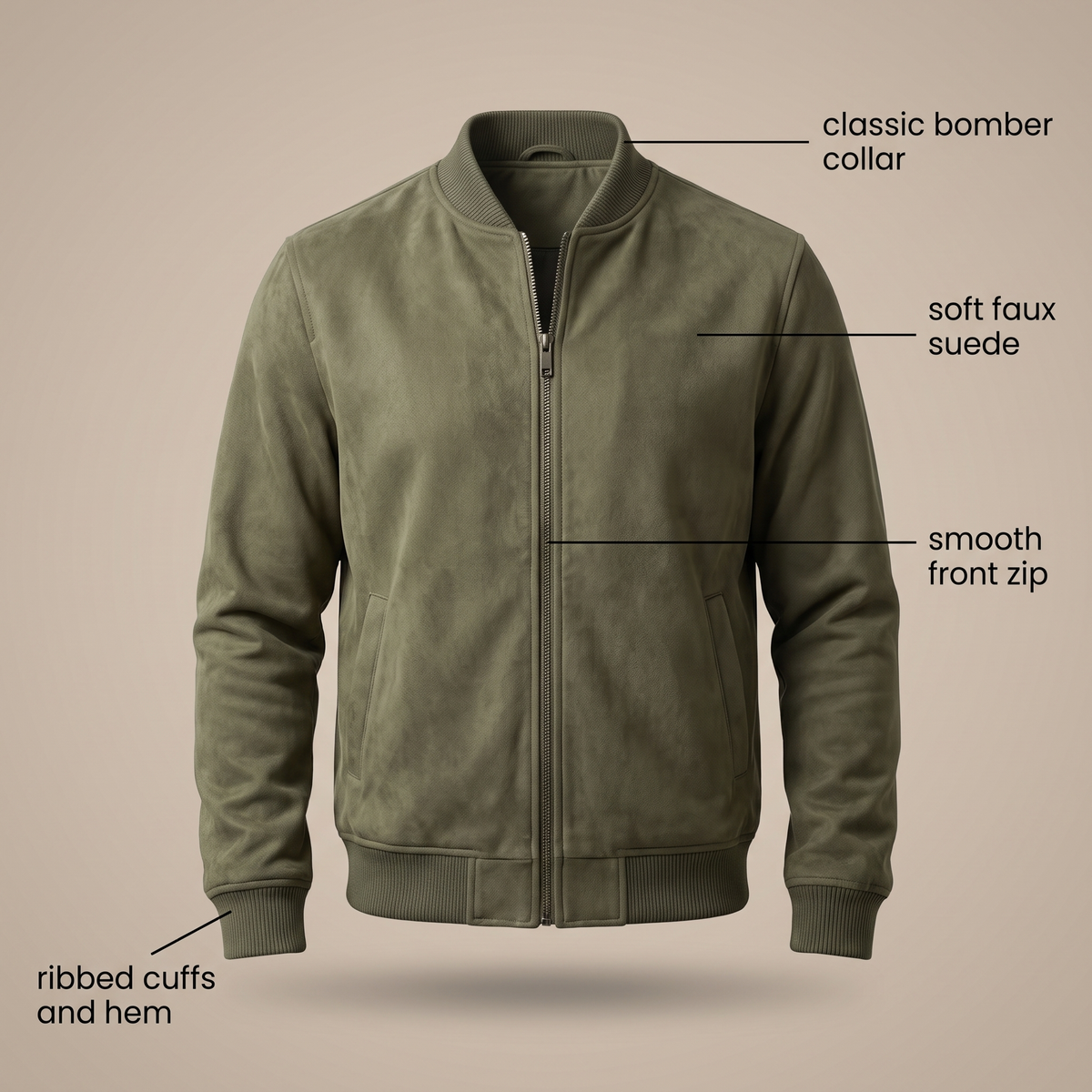 Classic Suede-Look Zip Bomber