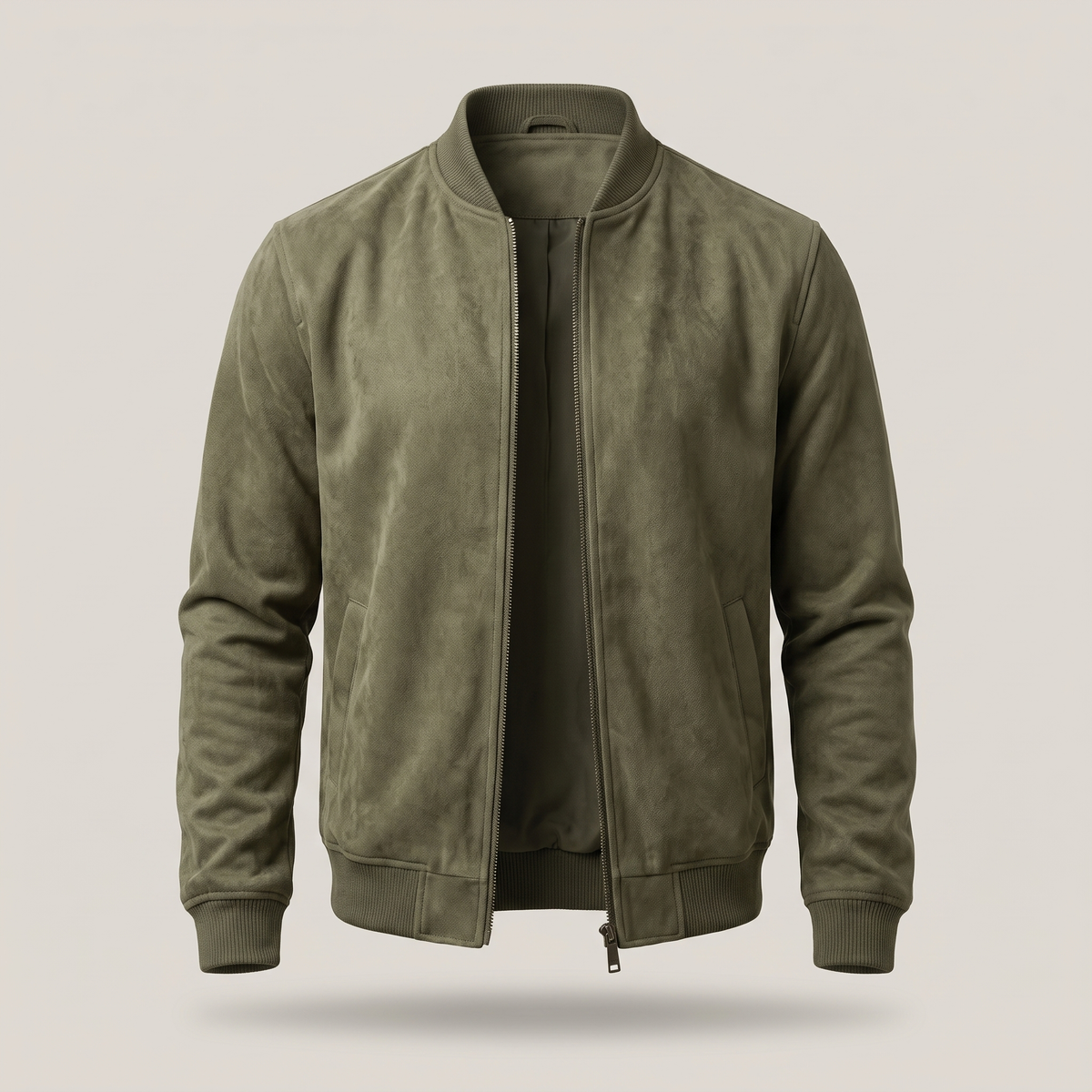Classic Suede-Look Zip Bomber - Olive Green