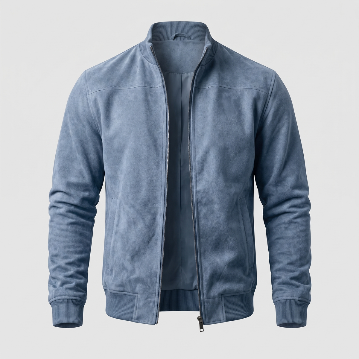 Classic Suede-Look Zip Bomber - Sky Blue