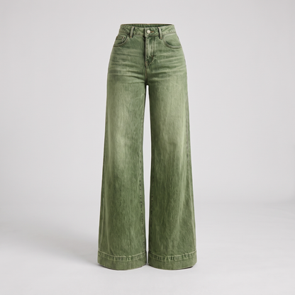Classic Wide Leg Denim Trousers - Olive Green