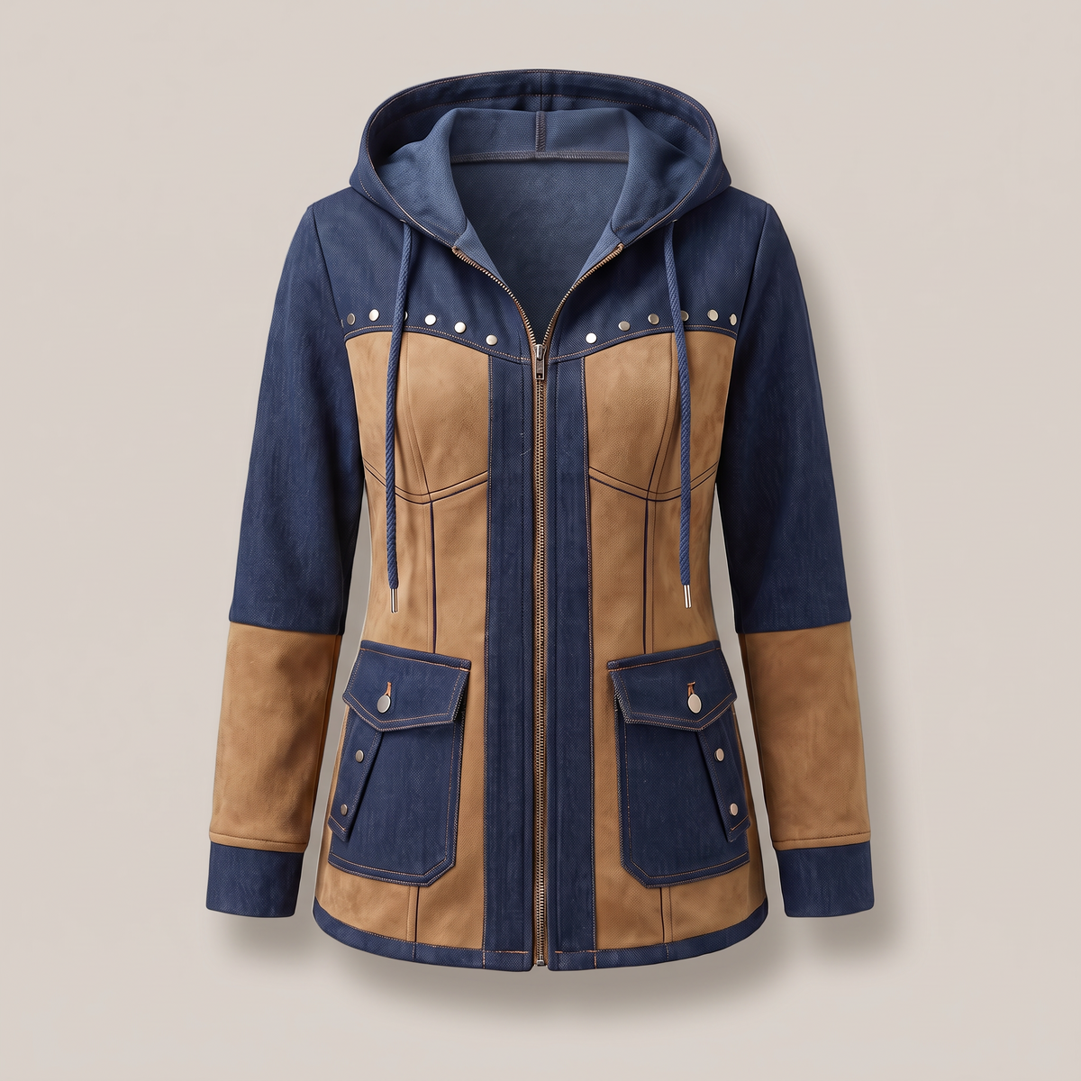 Contrast Panel Hooded Jacket - Blue Beige