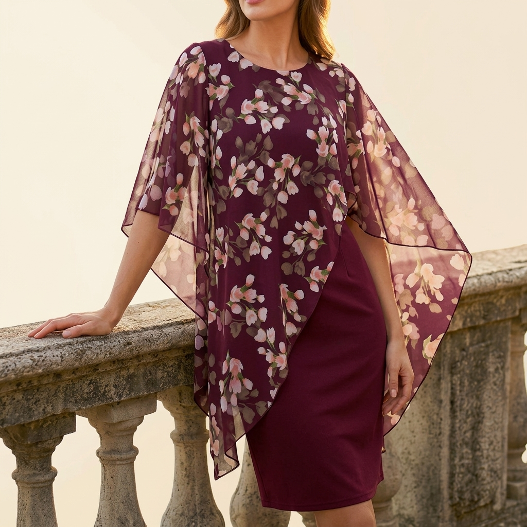 Cosette Floral Layered Dress Set - Burgundy