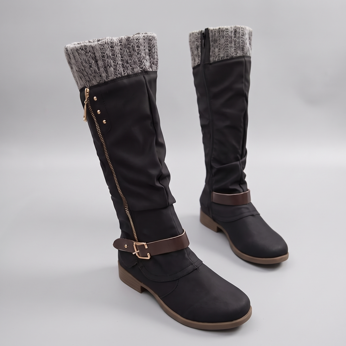 Cosy Knit Top Knee High Boots - Black