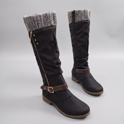 Cosy Knit Top Knee High Boots - Black