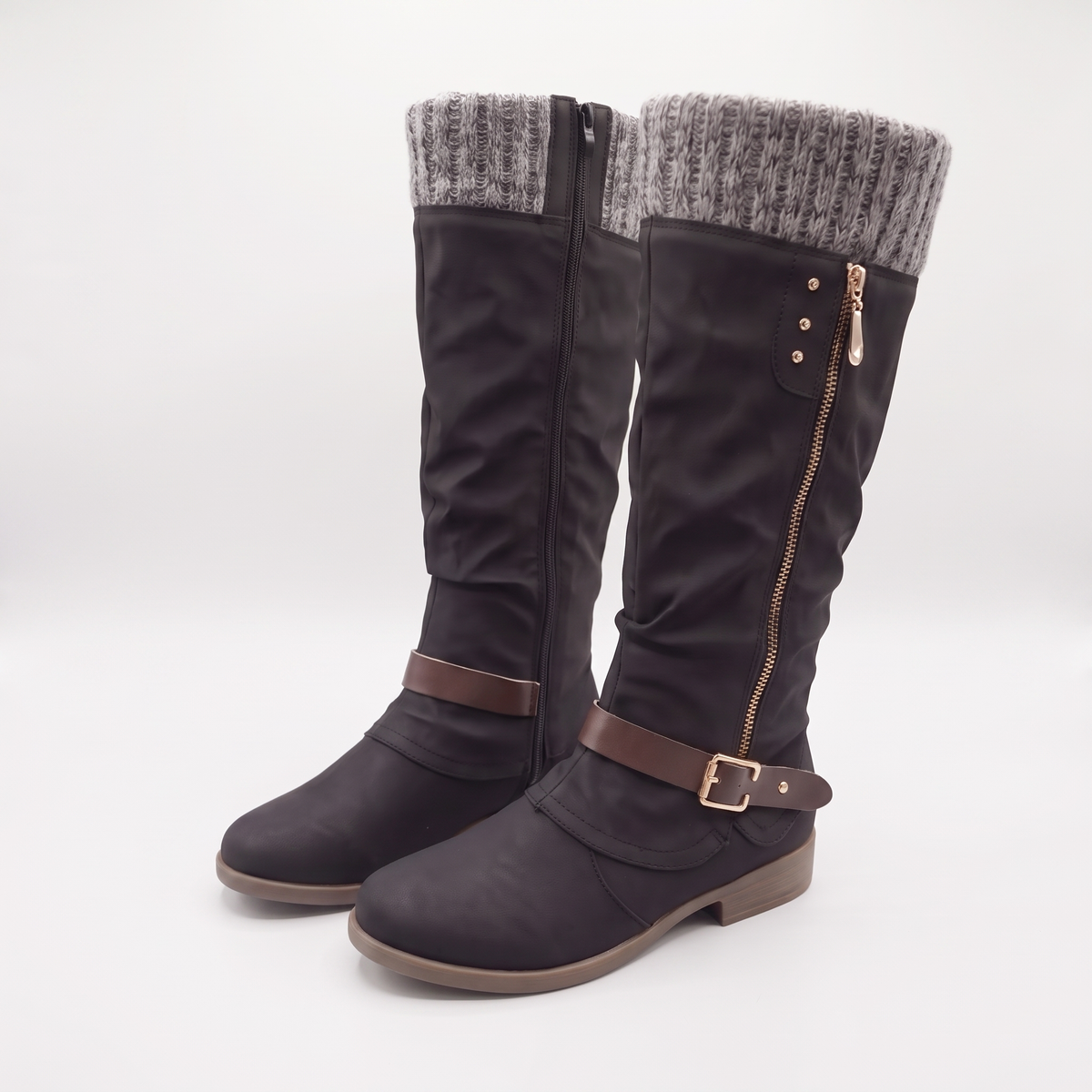 Cosy Knit Top Knee High Boots - Brown