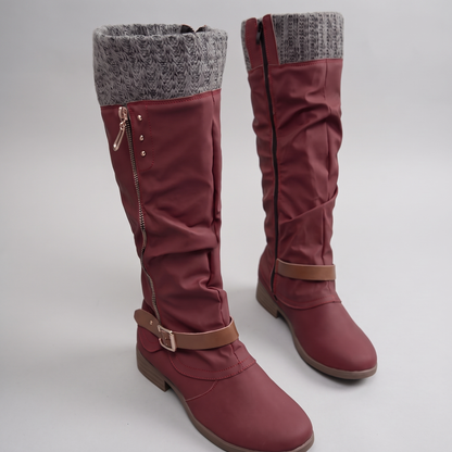 Cosy Knit Top Knee High Boots - Burgundy