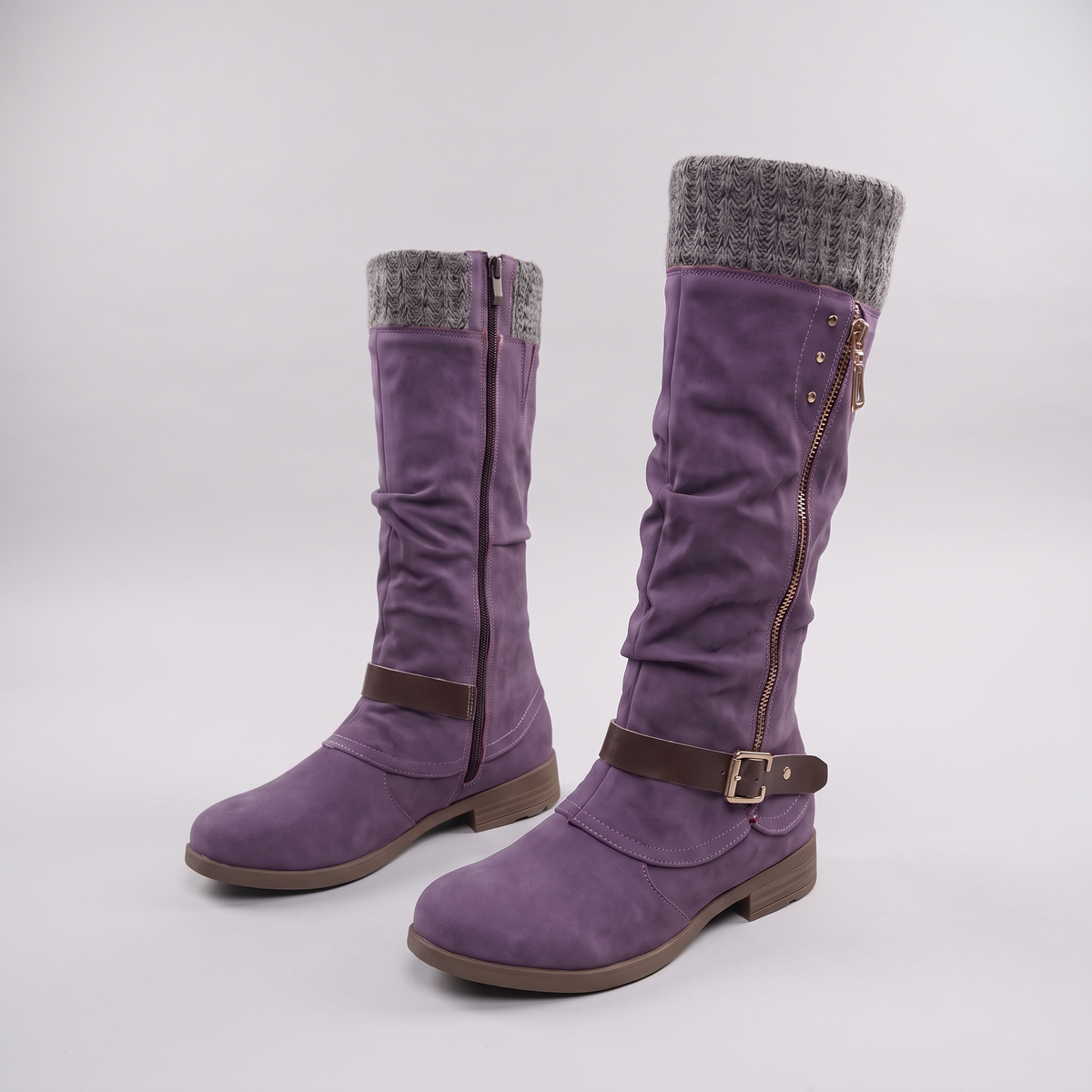 Cosy Knit Top Knee High Boots - Purple
