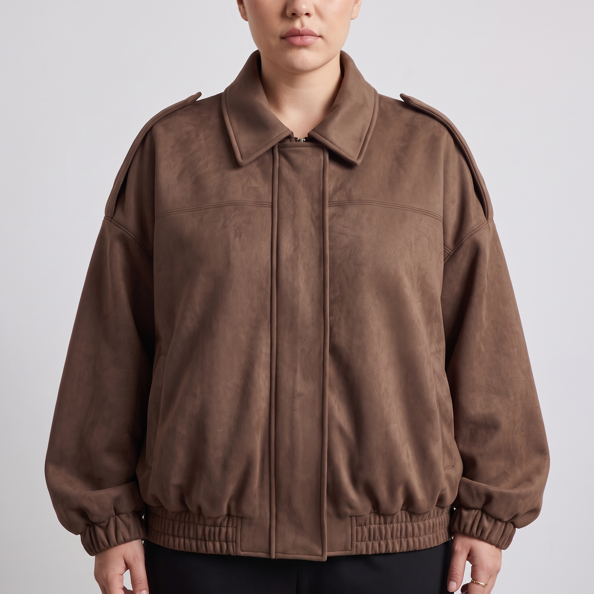 Cropped Suede-Look Collar Bomber