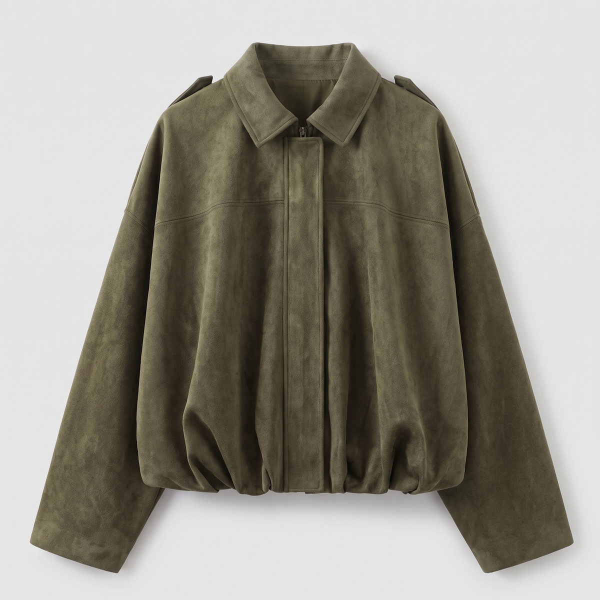 Cropped Suede-Look Collar Bomber - Army Green
