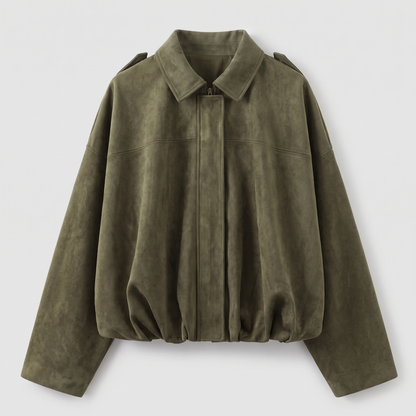 Cropped Suede-Look Collar Bomber - Army Green
