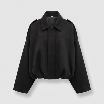 Cropped Suede-Look Collar Bomber - Black