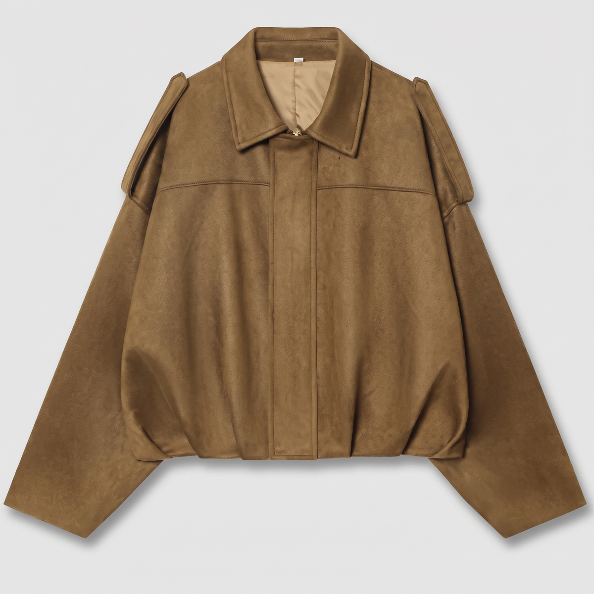 Cropped Suede-Look Collar Bomber - Brown