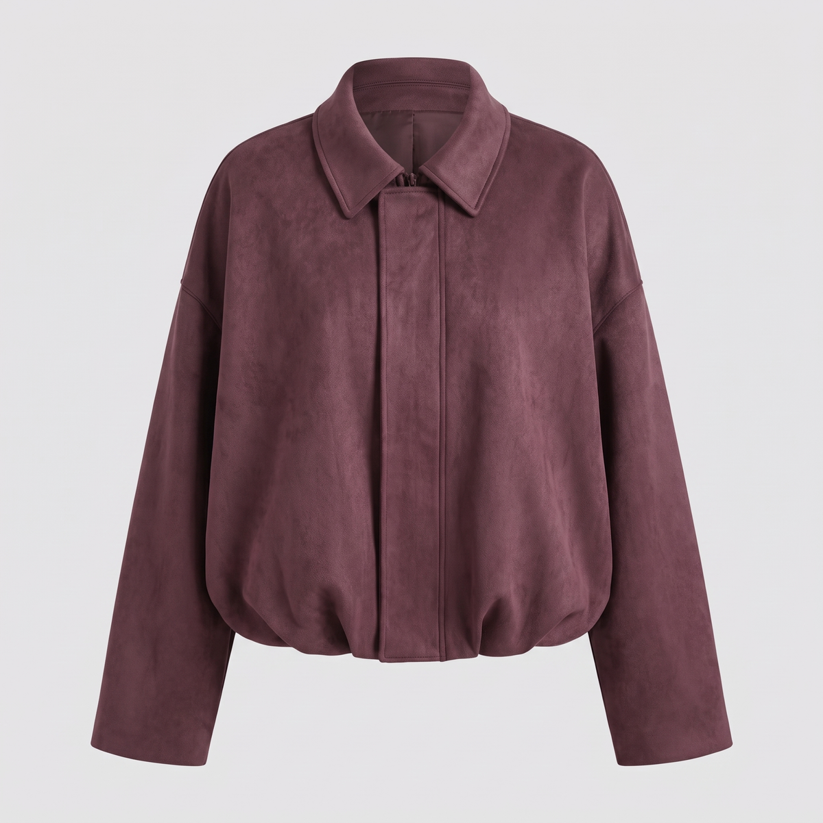 Cropped Suede-Look Collar Bomber - Burgundy