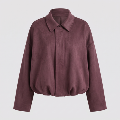 Cropped Suede-Look Collar Bomber - Burgundy