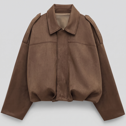 Cropped Suede-Look Collar Bomber - Khaki