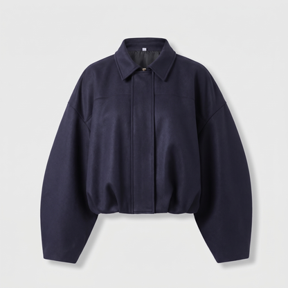 Cropped Suede-Look Collar Bomber - Navy Blue
