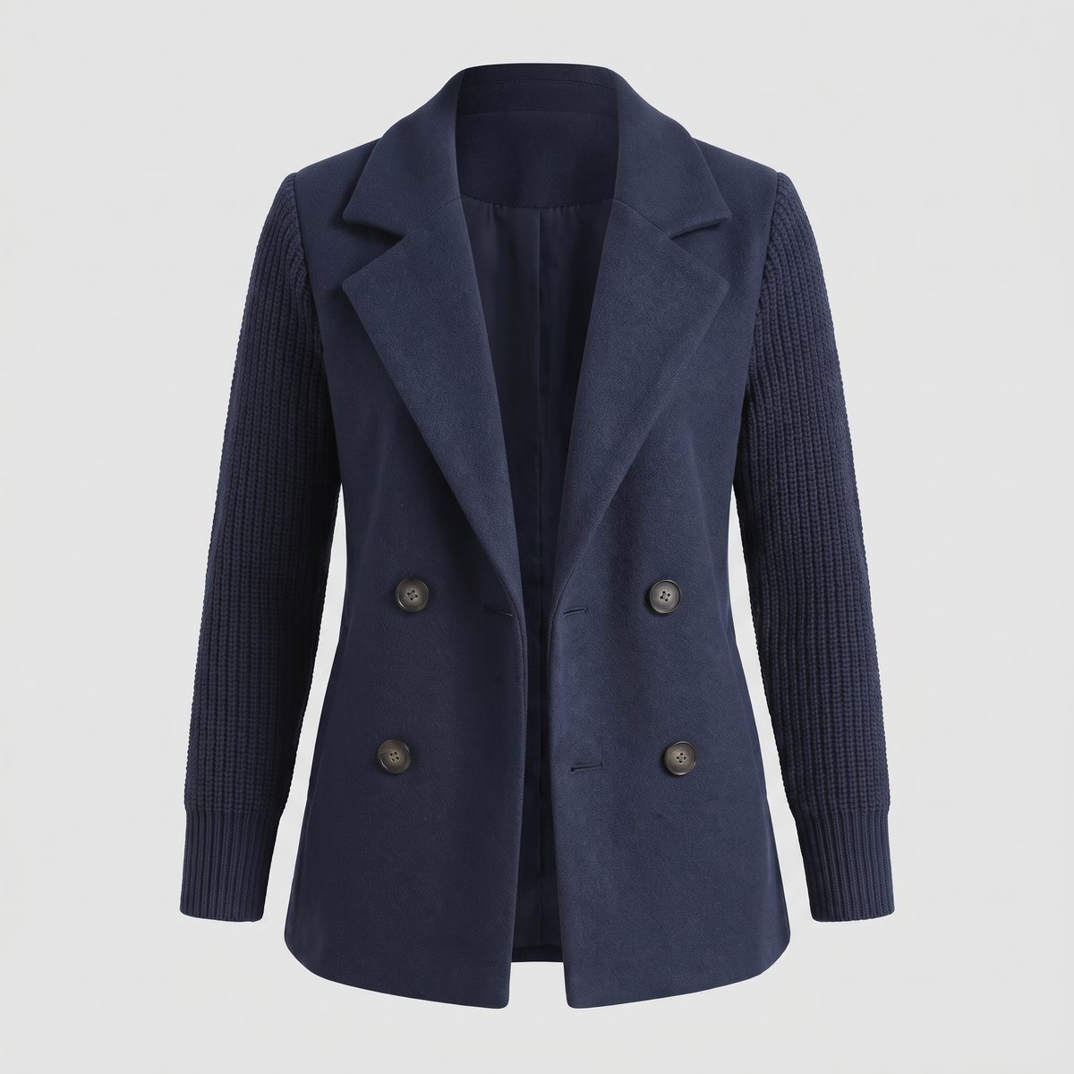 Double Breasted Knit Sleeve Blazer - Blue
