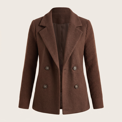 Double Breasted Knit Sleeve Blazer - Brown
