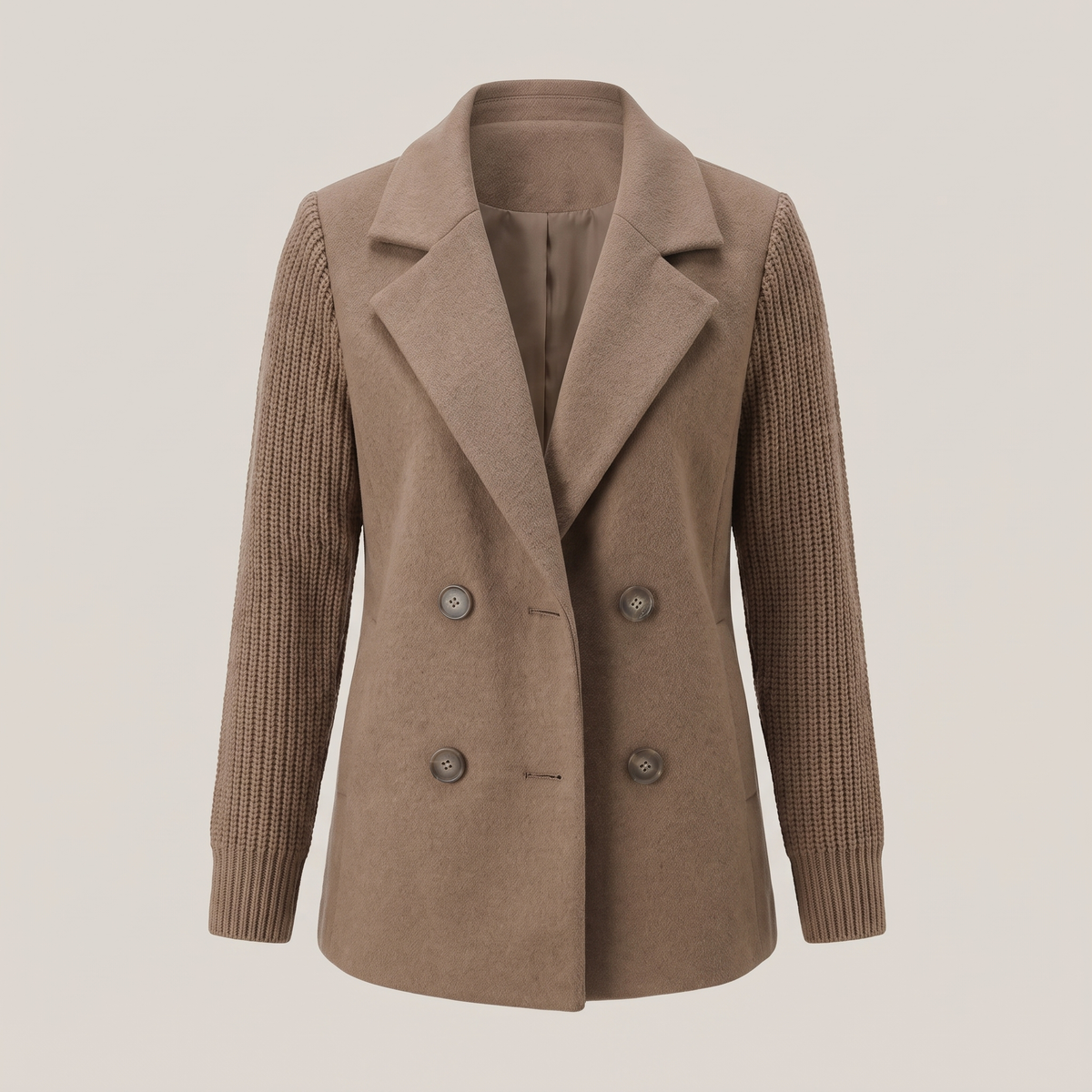 Double Breasted Knit Sleeve Blazer - Khaki