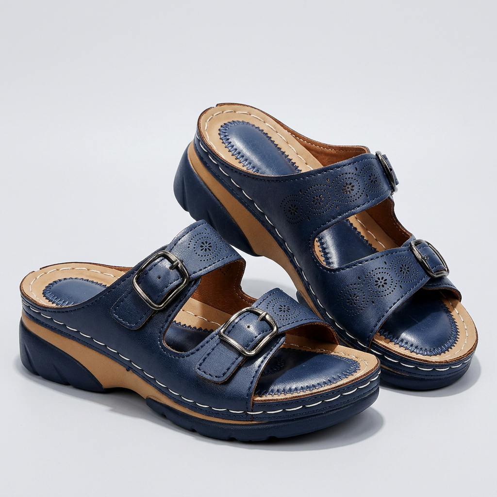 Eleanor Double-Buckle Support Sandals - Navy Blue