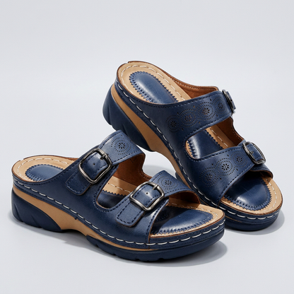 Eleanor Double-Buckle Support Sandals - Navy Blue