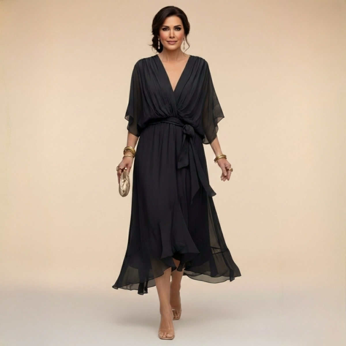 Elena Flowing V-Neck Dress - Black