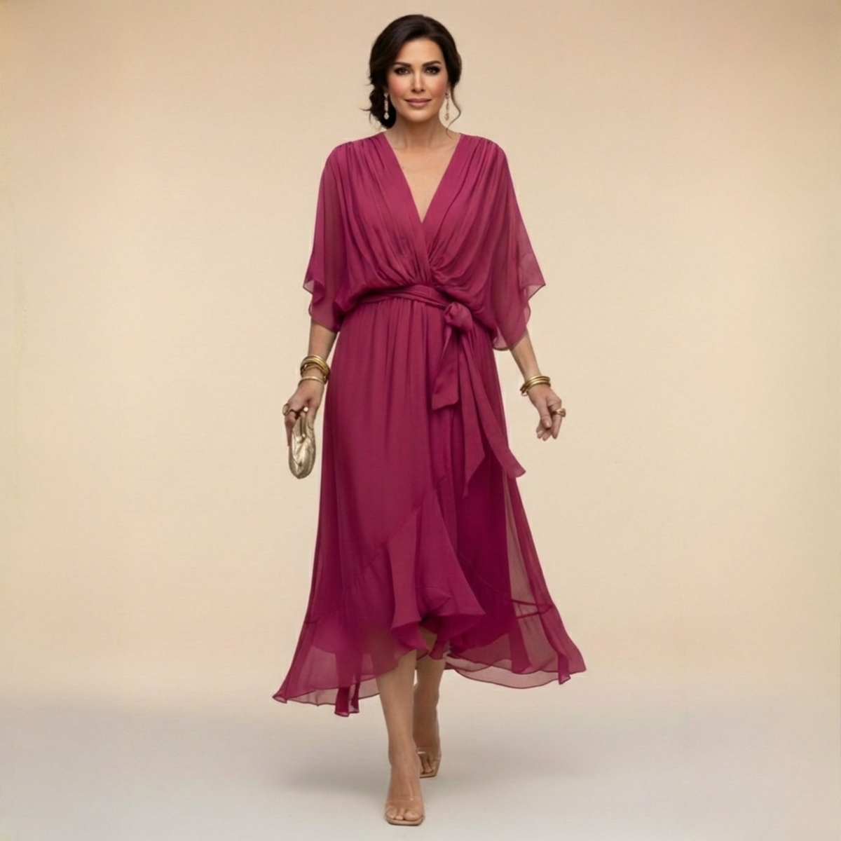 Elena Flowing V-Neck Dress - Deep Purple