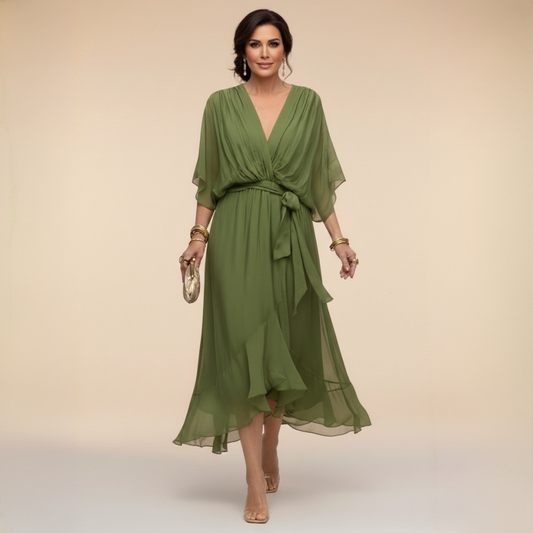 Elena Flowing V-Neck Dress - Green
