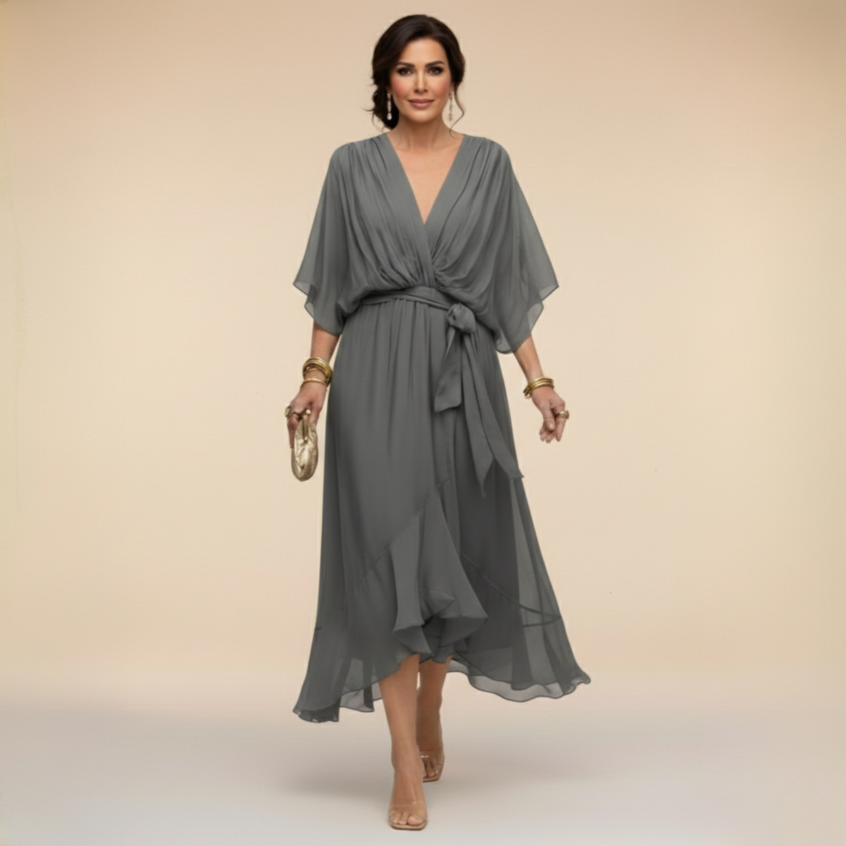 Elena Flowing V-Neck Dress - Light Grey
