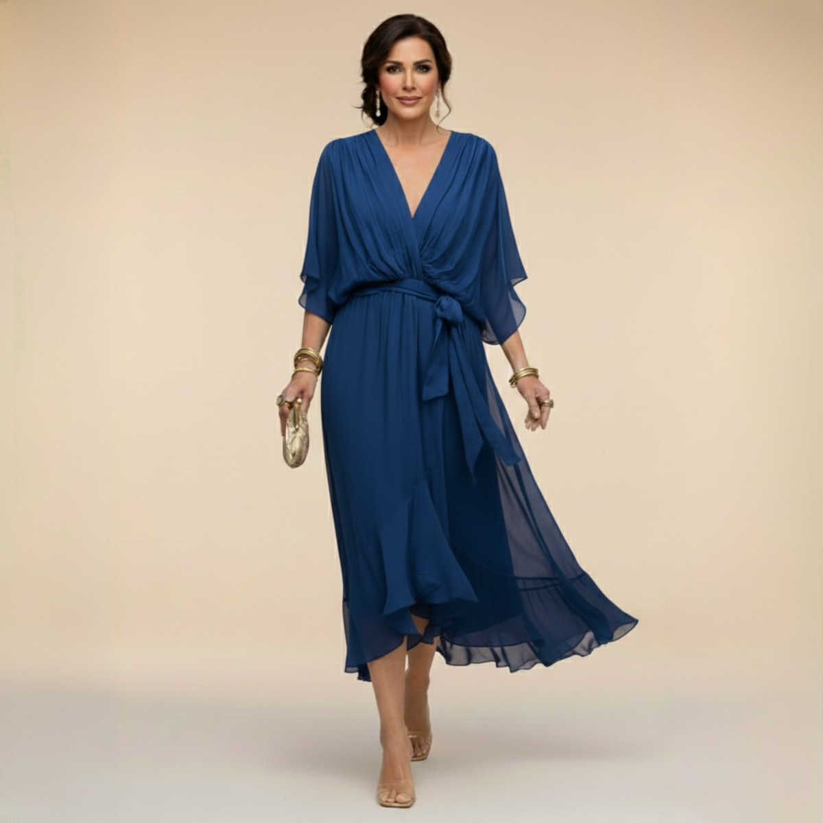 Elena Flowing V-Neck Dress - Navy Blue