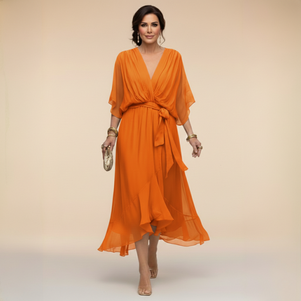 Elena Flowing V-Neck Dress - Orange