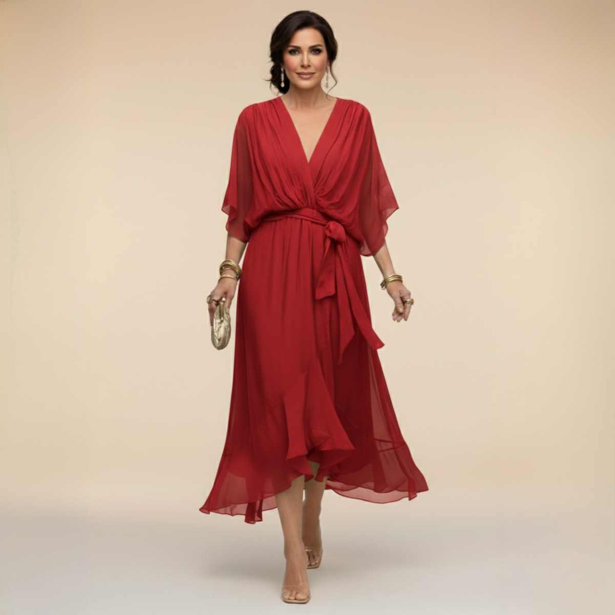 Elena Flowing V-Neck Dress - Red