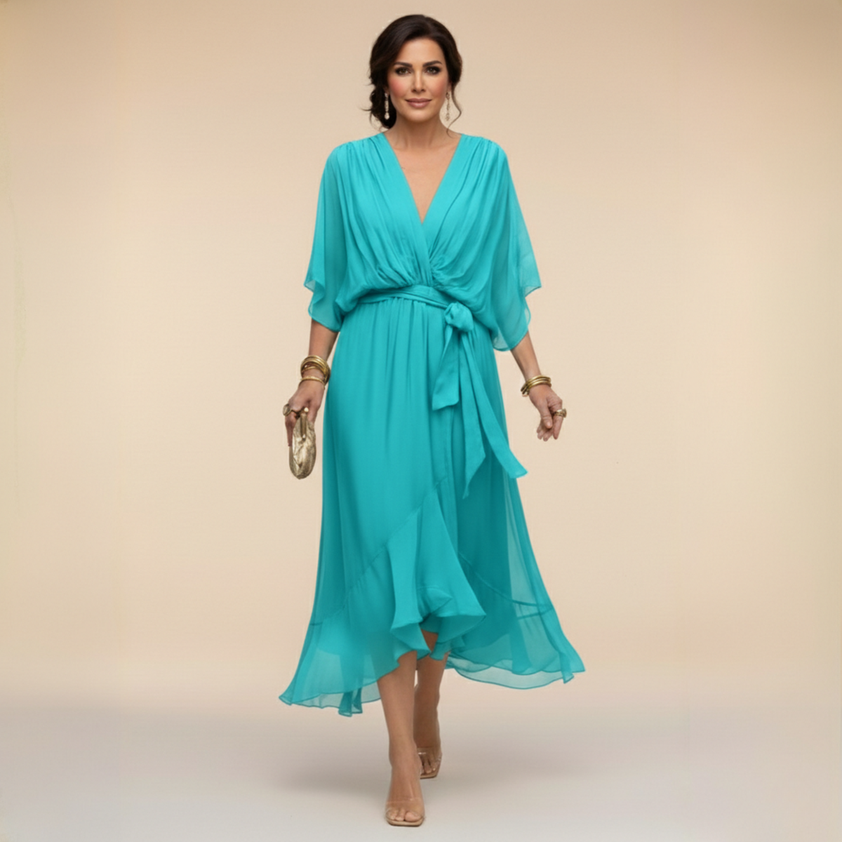 Elena Flowing V-Neck Dress - Turquoise