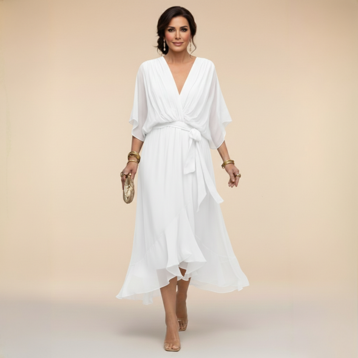 Elena Flowing V-Neck Dress - White