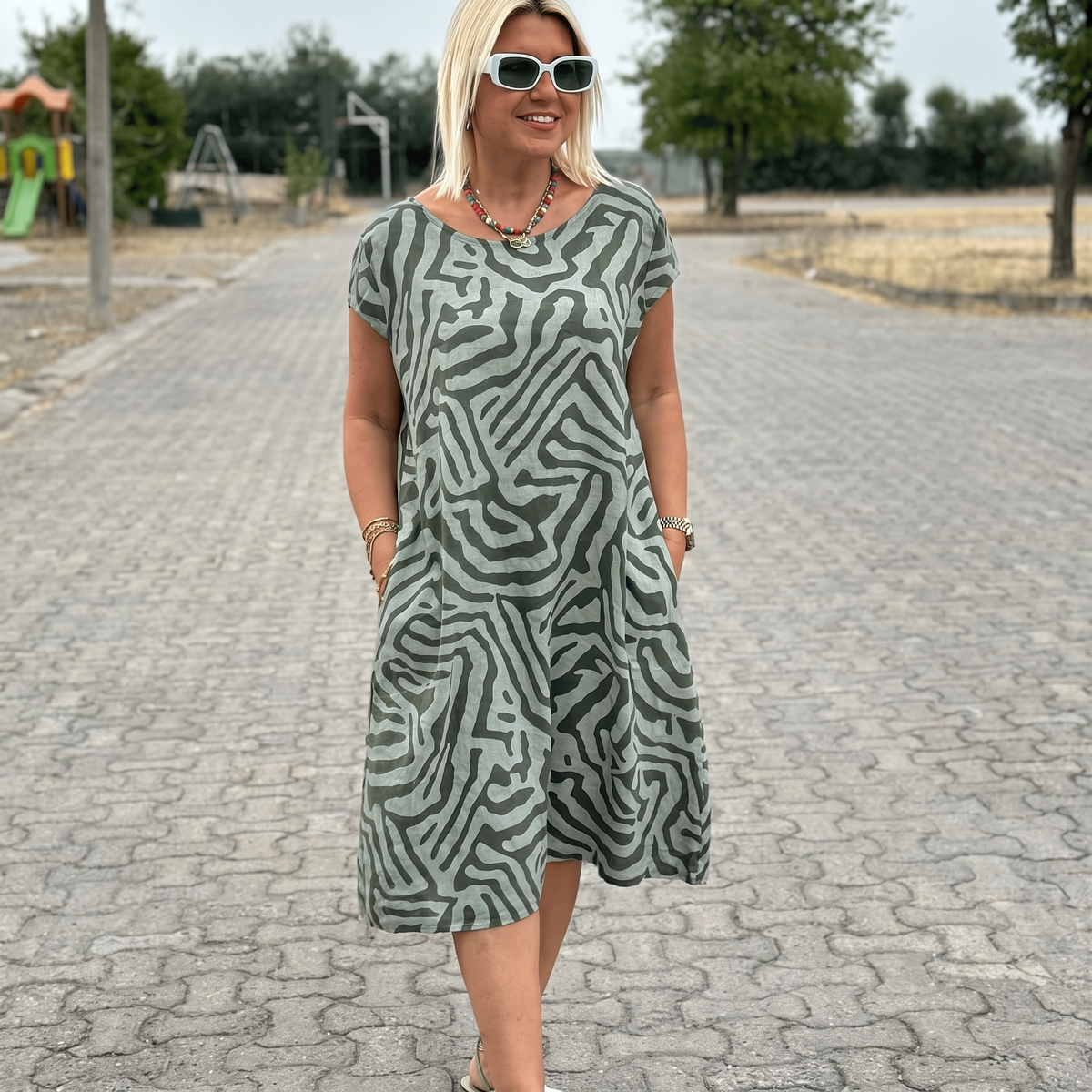Elinora Breezy Round-Neck Sundress - Green