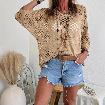 Elowen Beige Crochet V-Neck Top - Beige