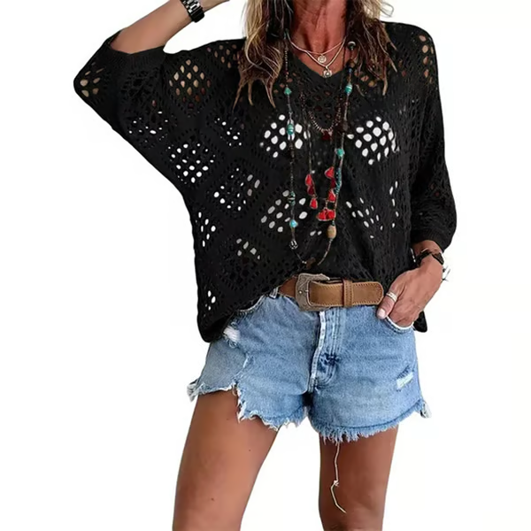 Elowen Beige Crochet V-Neck Top - Black