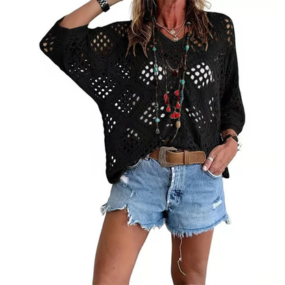 Elowen Beige Crochet V-Neck Top - Black