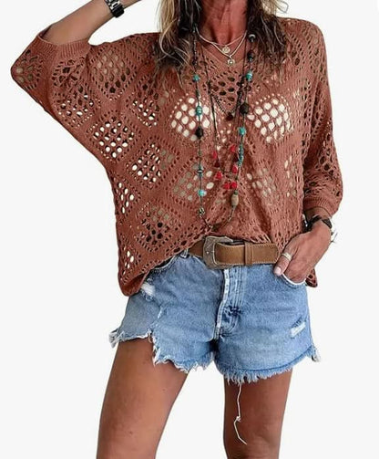 Elowen Beige Crochet V-Neck Top - Caramel