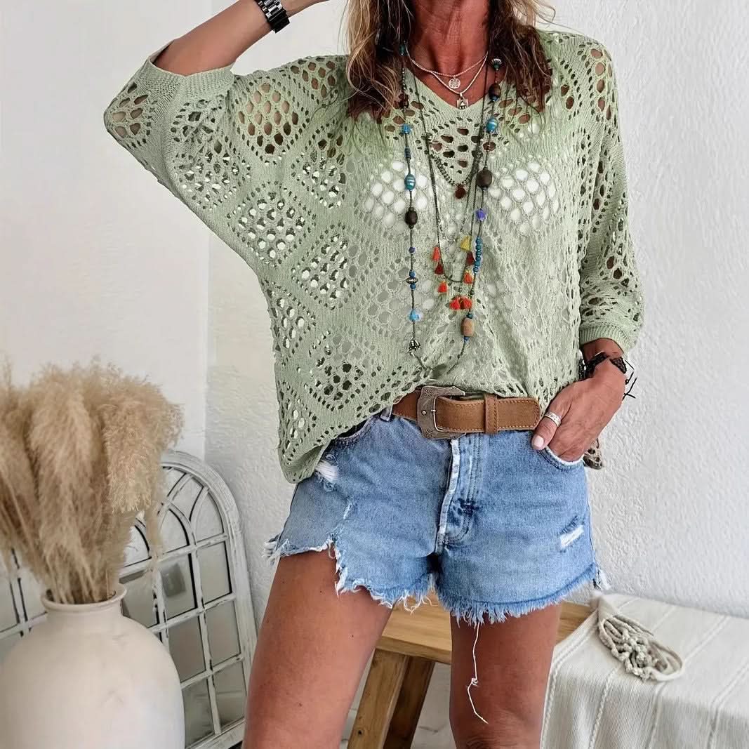 Elowen Beige Crochet V-Neck Top - Green