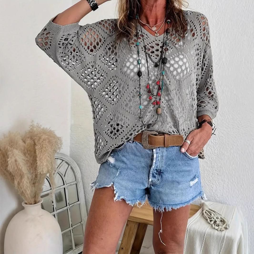 Elowen Beige Crochet V-Neck Top - Grey
