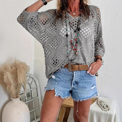 Elowen Beige Crochet V-Neck Top - Grey