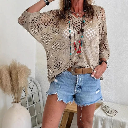 Elowen Beige Crochet V-Neck Top - Khaki