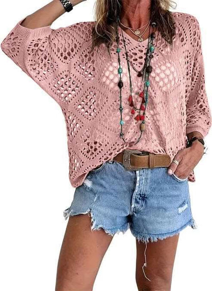 Elowen Beige Crochet V-Neck Top - Lilac